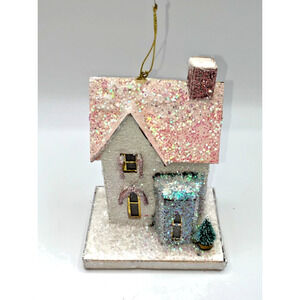 Cody Foster Mini Wintertide Glitter White House Pink Glitter Roof Blue Gray door